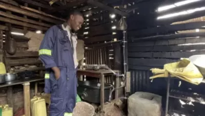 Co-founder of Erudites Movement shown in his workshop. Erudites Movement is made up of a team of young entrepreneurs from Uganda who are harvesting invasive water hyacinth from Lake Victoria and converting it into renewable cooking energy, organic fertilizers, and animal feeds