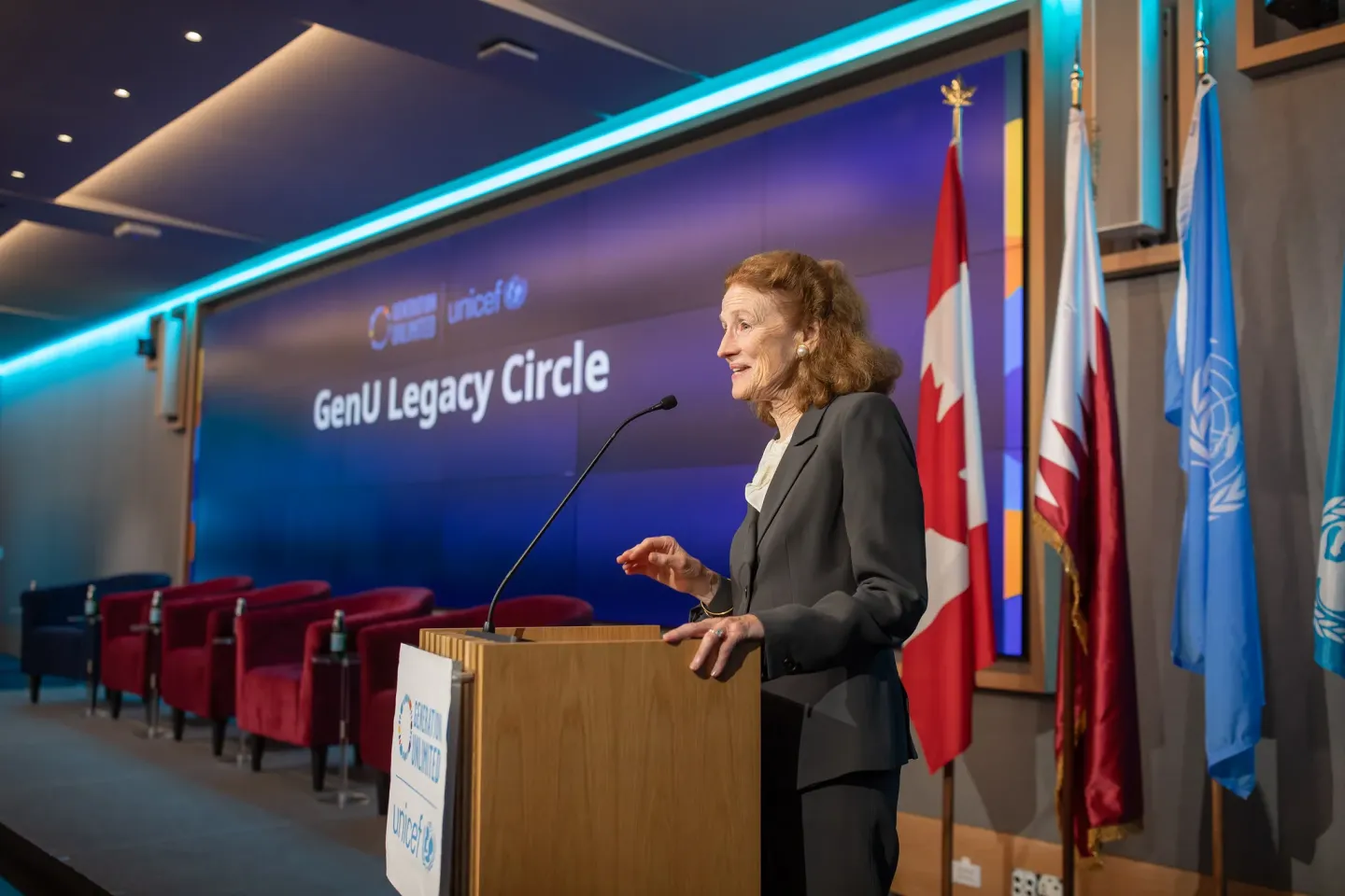 Photo of Henrietta Fore, previous UNICEF director, on-stage during GLC meeting in 2026
