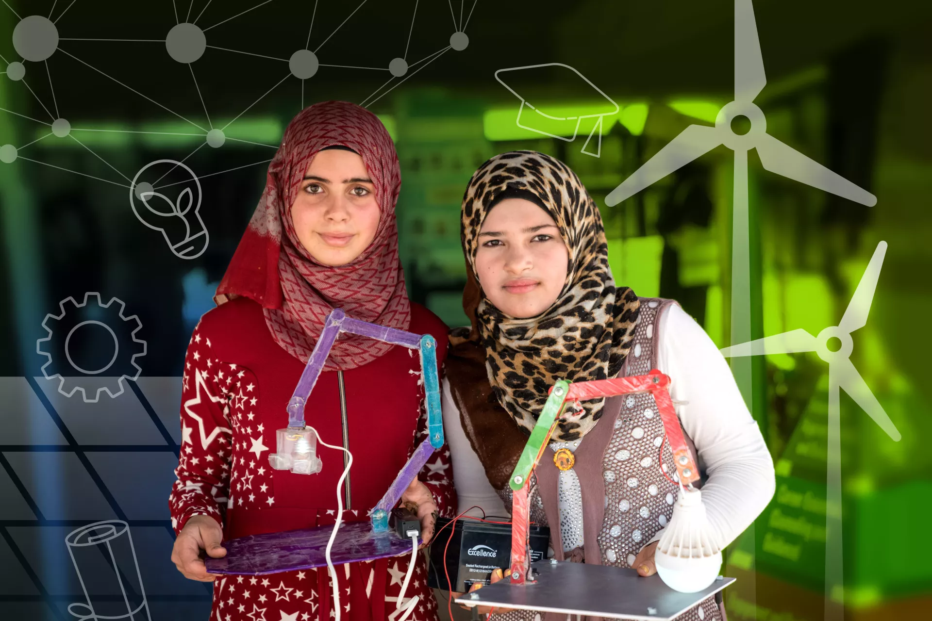 Anwar and Dina, two young Syrian refugees, show their inventions of battery-powered lamps at a refugee camp in Jordan.