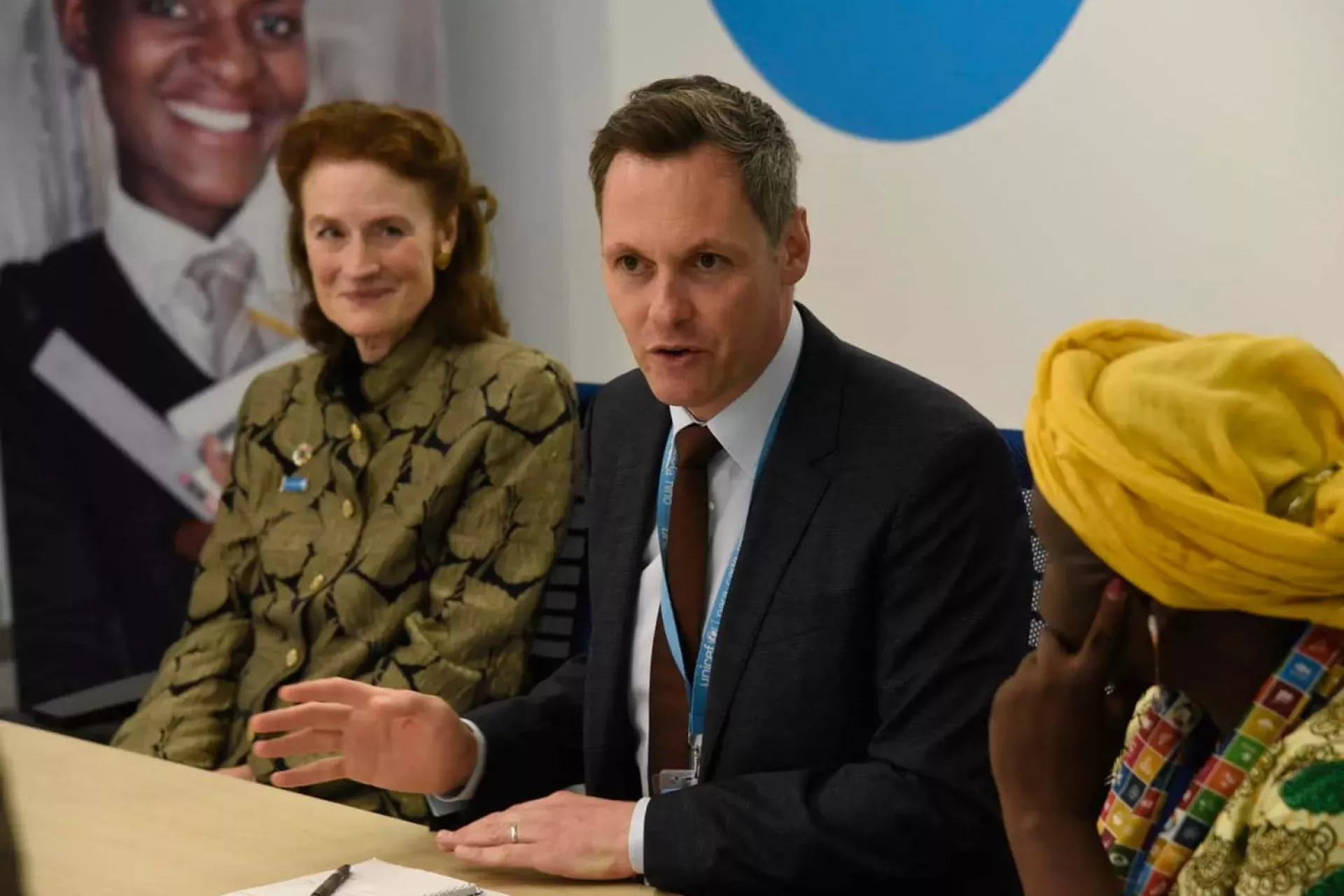 UNICEF Executive Director Henrietta Fore (left) and Benes lead a meeting of Generation Unlimited Champions