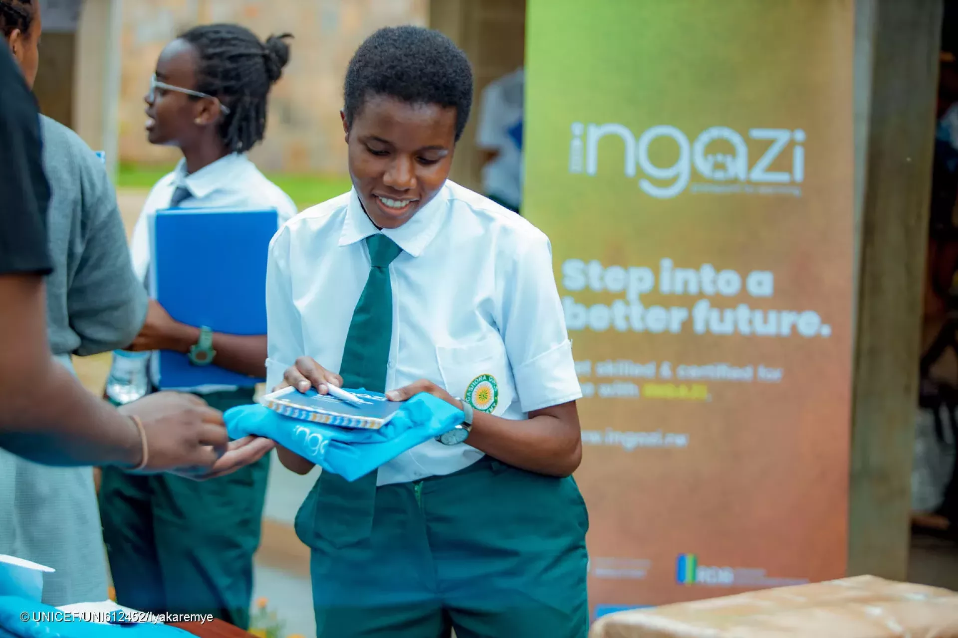 A student at Gashora Girls High School explores the Ingazi e-learning platform, part of a initiative to enhance workplace readiness among Rwandan youth through interactive and practical learning resources.