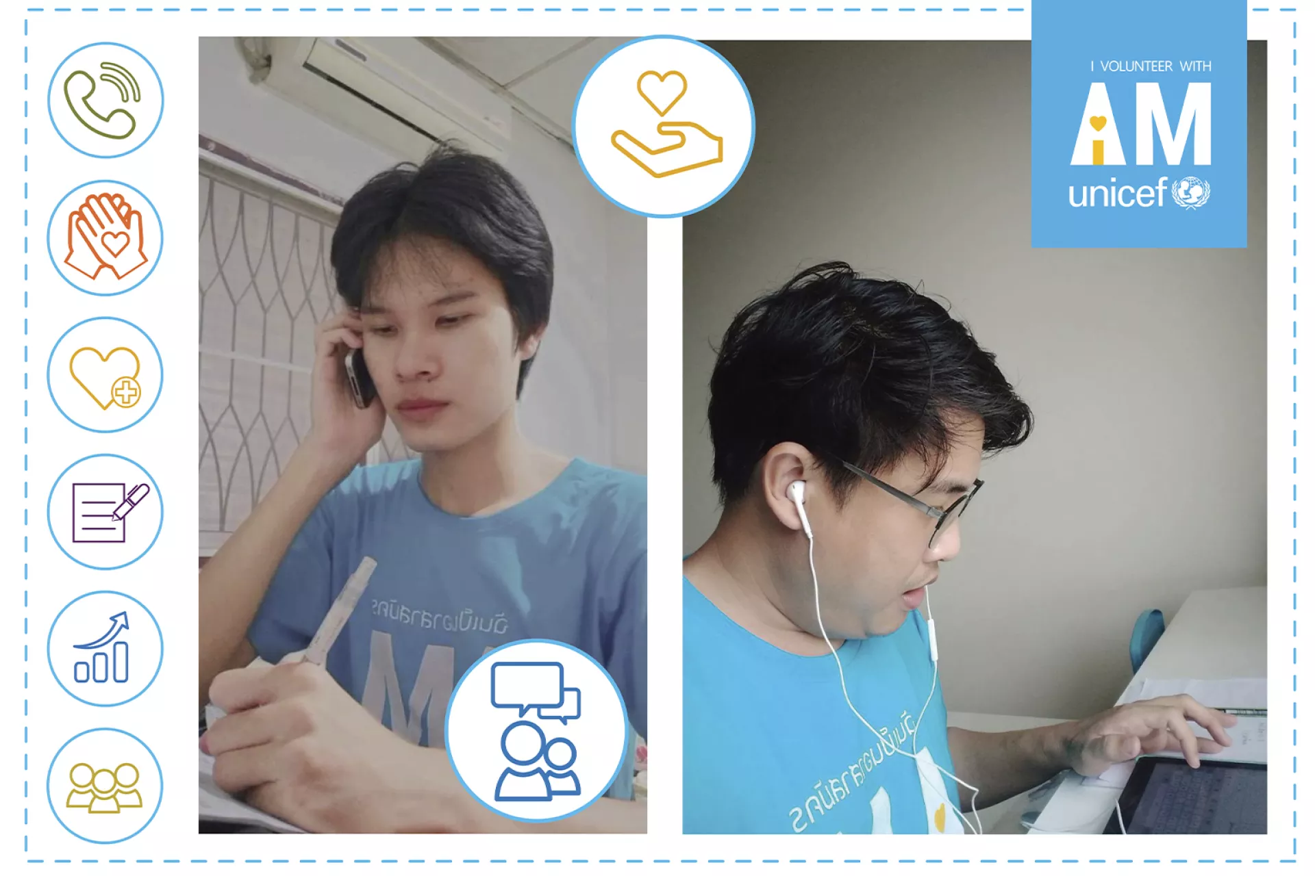 Young volunteers from Thailand are doing volunteer work remotely on their devices at home.