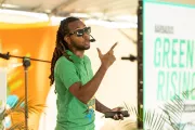 Poet Akeem Chandler-Prescod at the Green Rising launch in Barbados.