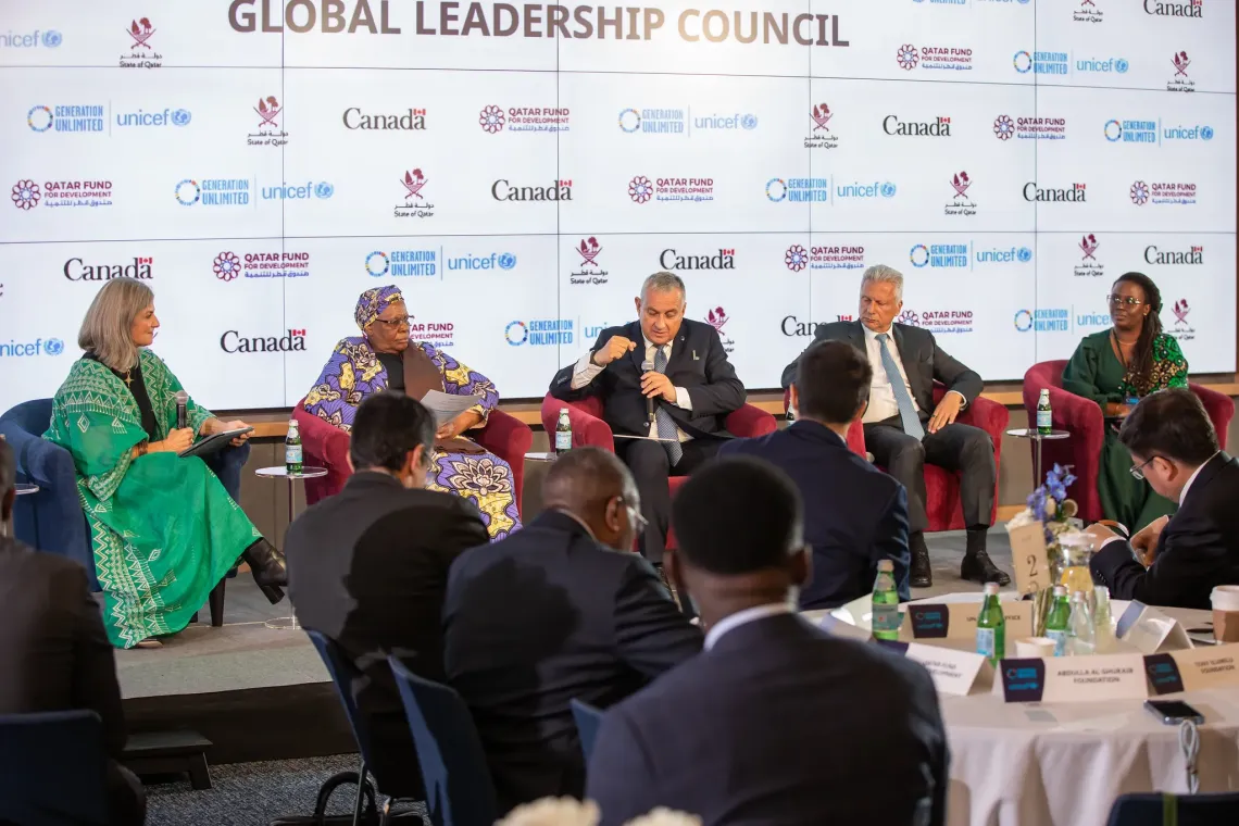 Left-to-right on stage: Dr. Sonia Ben Jaafar, CEO of Abdulla Al Ghurair Foundation; H.E. Netumbo Nandi-Ndaitwah, President of Namibia; EU Commissioner Jozef S&iacute;kela; Capgemini CEO Aiman Ezzat, and youth representative Mary Nyambura Njeri