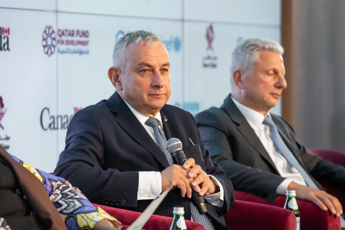 EU Commissioner Jozef S&iacute;kela speaking on stage during a panel discussion at the Generation Unlimited Global Leadership Council event.