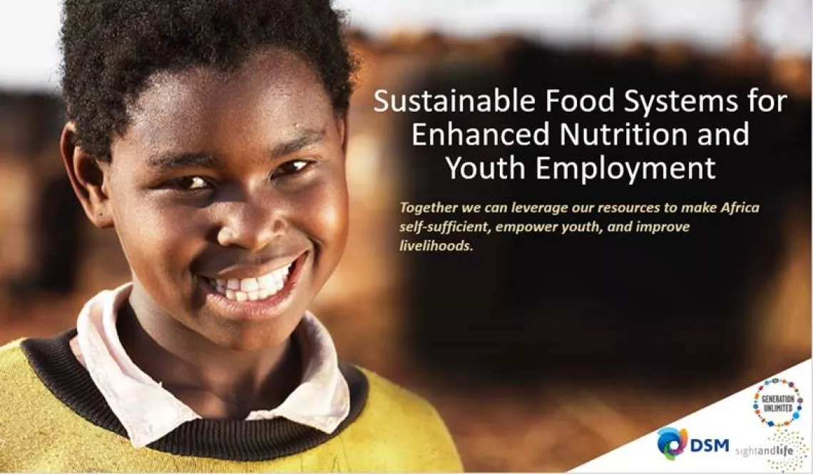 A photo of a child with the words "Sustainable Food Systems for Enhanced Nutrition and Youth Employment"