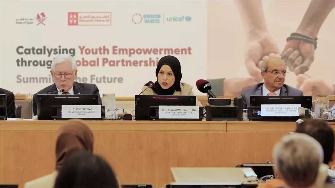 H.E. Ambassador Sheikha Alya Al Thani, Permanent Representative of Qatar to the United Nations, chairs session featuring participation from H.E. Bob Rae (to the left), Ambassador and Permanent Representative of Canada to the United Nations in New York and H.E. Dr. Georges Kallas, Minister of Youth and Sports of Lebanon (to the right). The backdrop featuring logos of State of Qatar, EAA Foundation and UNICEF's Generation Unlimited says Catalysing Youth Empowerment through Global Partnerships.