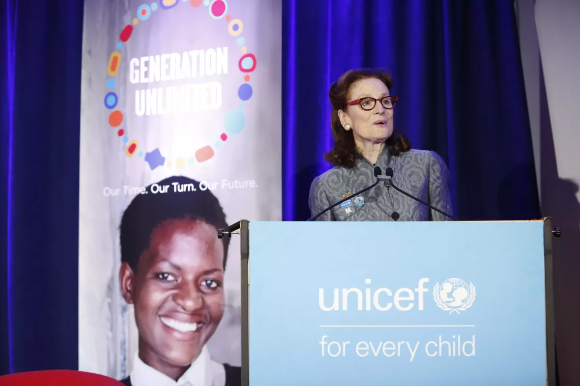 UNICEF Executive Director Henrietta Fore, Co-Chair, GenU gives the opening remarks during "Reimagining Education: Preparing the Next Generation with Skills for the Future