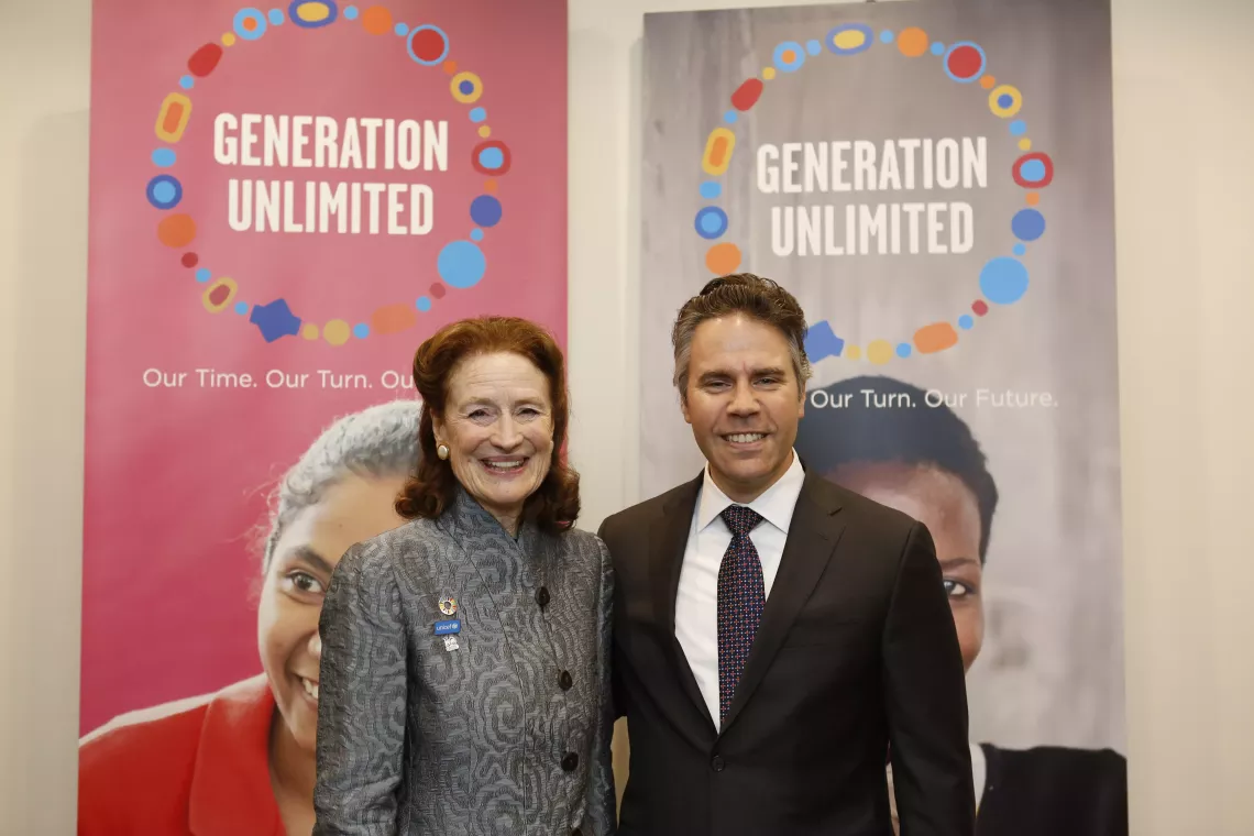 UNICEF Executive Director Henrietta Fore, Co-Chair, Generation Unlimited (left), and Nick Tzitzon, Head of the SAP Foundation,