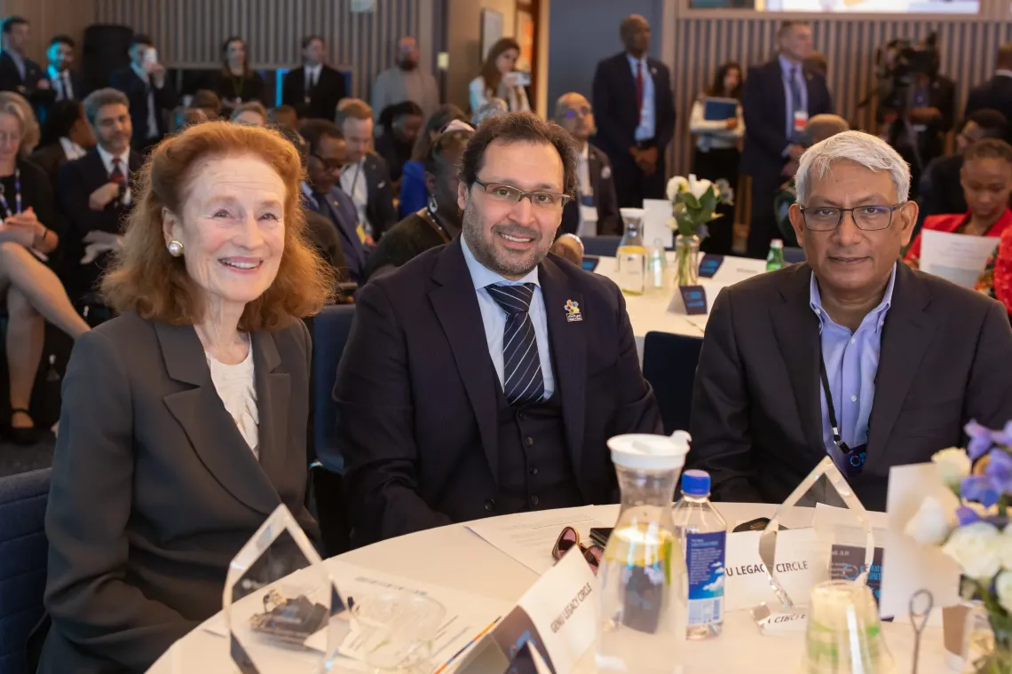 From left to right: Henrietta Fore, former Executive Director of UNICEF; Tariq Al Gurg, Chief Executive Officer and Vice-Chairman of Dubai Cares; and Ravi Venkatesan, former UNICEF Special Representative for Young People and Innovation, at the launch of the Generation Unlimited Legacy Circle.