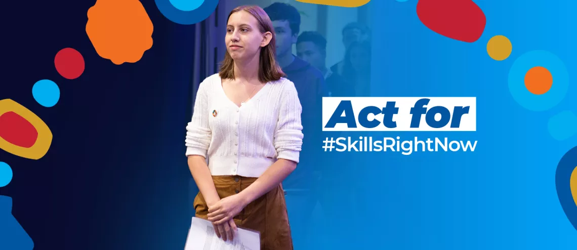 A young girl holding a sheet of paper in her hands ostensibly about to speak in front of a crowd. Right side of picture contains superimposed text saying Act for #SkillsRightNow