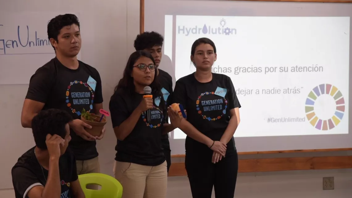 Hydrolution's members during their pitching session at the Generation Unlimited Youth Challenge