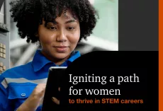 Feature image for the report showing a young woman working in STEM