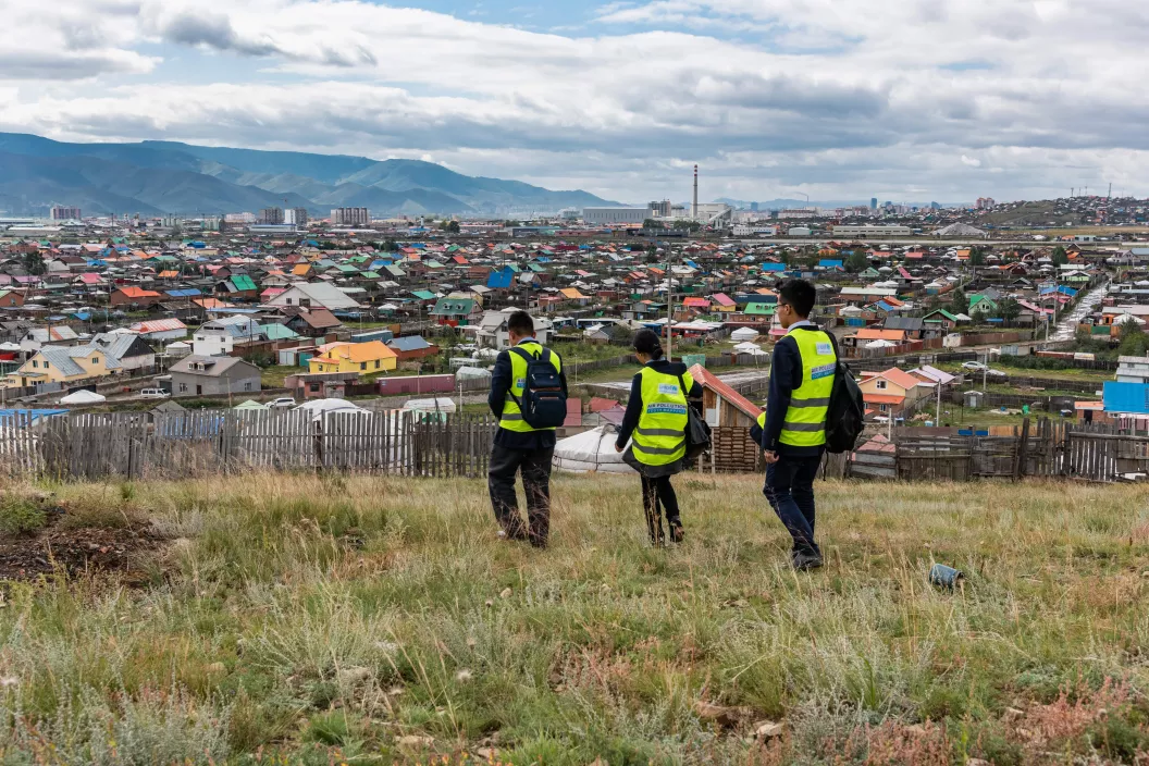 Ulaanbaatar, Mongolia - September 06, 2018: Adolescents collecting air pollution data in the outskirts of Ulaanbaatar, Mongolia, as part of the “Programme Air Pollution Youth Mappers”.