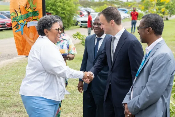 Kevin Frey and Prime Minister Mia Mottley of Barbados at the launch of Green Rising in Barbados. 2025