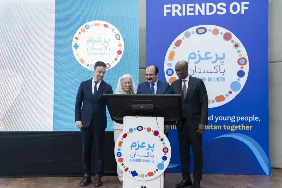 Kevin Frey, Generation Unlimited at UNICEF CEO, Pernille Ironside, UNICEF Representative in Pakistan, Rana Mashhood Ahmad Khan, Chairman of the Prime Minister’s Youth Programme, and Mohamed Yahya, the United Nations Resident Coordinator in Pakistan. Photo taken in 2026 during the launch of GenU Pakistan