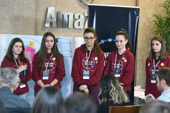 Five young women present their ideas to judges at the Youth Challenge in Kosovo.